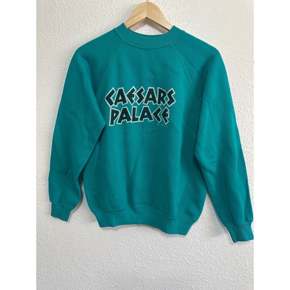 VTG 80's90's Caesars Palace Sweatshirt Teal Graphic Crewneck Pullover Top Size M